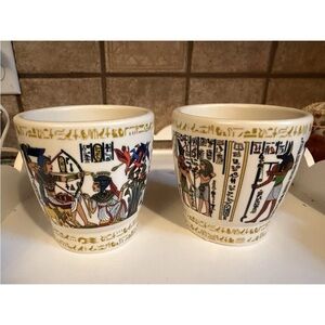 Egyptian Themed Ceramic Mugs - Cream and Multicolor
